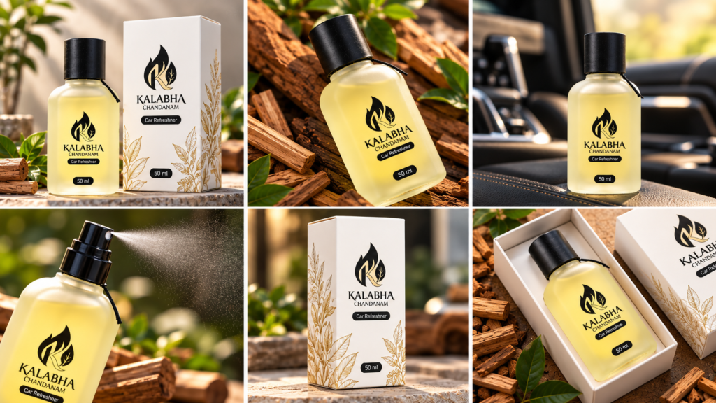 Kalabha Chandanam car perfume in Thrissur 50 ml with white packaging, shown from different angles in a luxury product photoshoot.